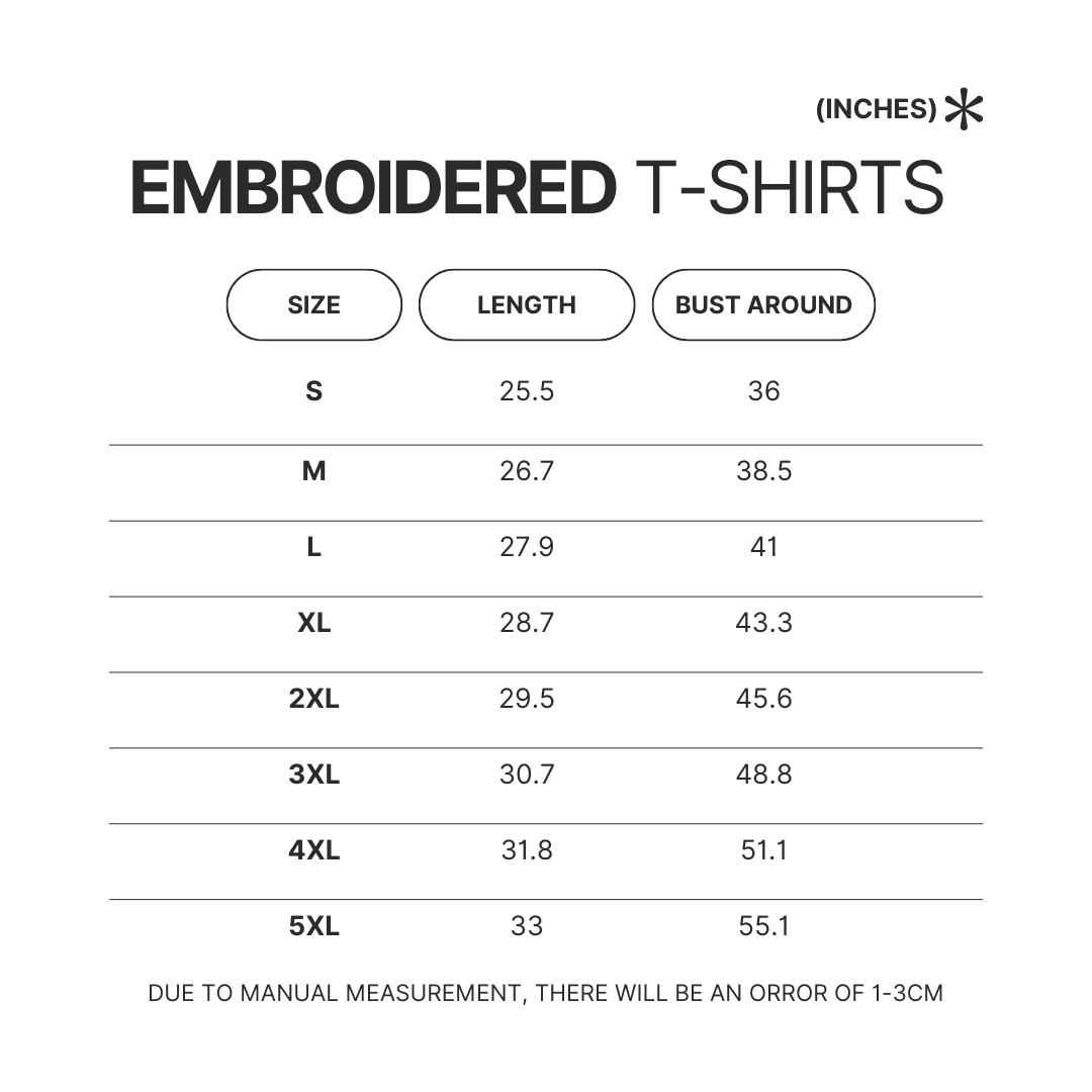 Embroidered T shirt Size Chart - Animal Crossing Shop